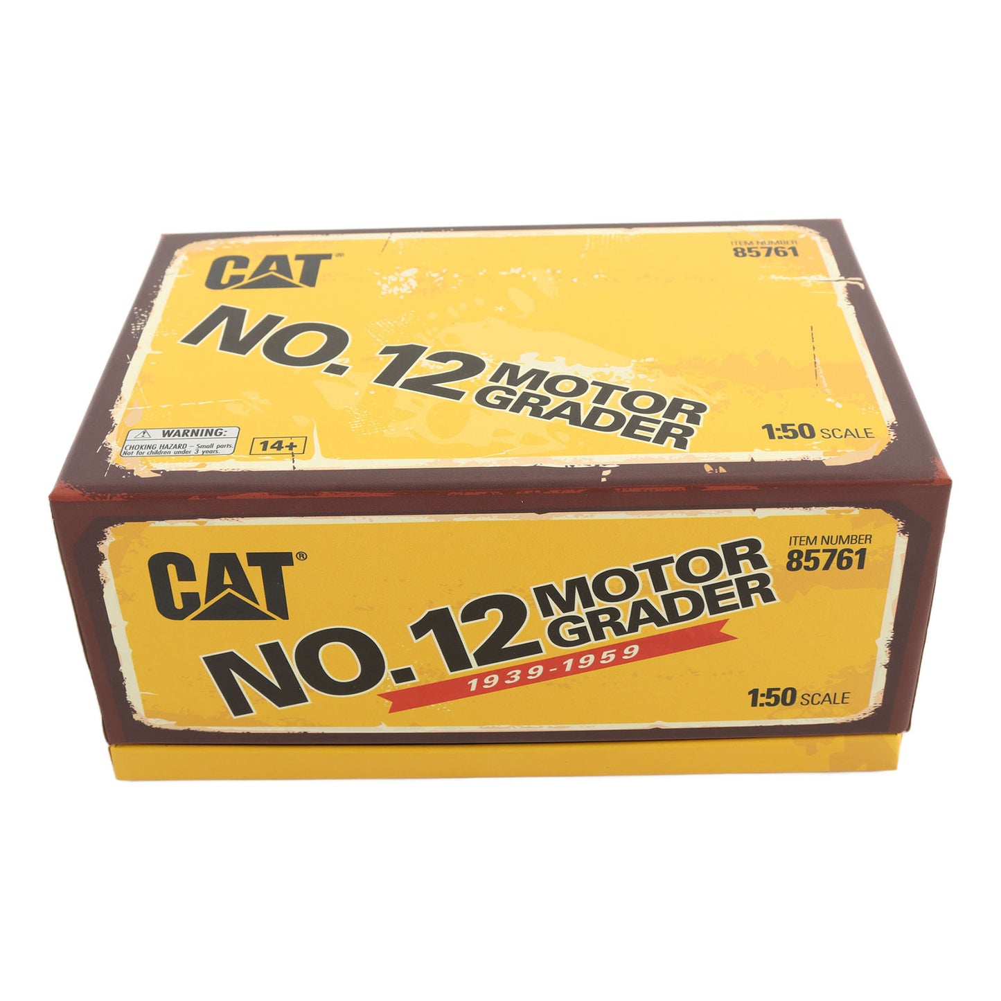 Flip Top Box Packaging with Wore Look Graphics, CAT Branding and Text Photographed on a White Background
