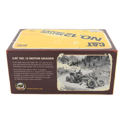 Flip Top Box Packaging with Wore Look Graphics, CAT Branding and Text Photographed on a White Background