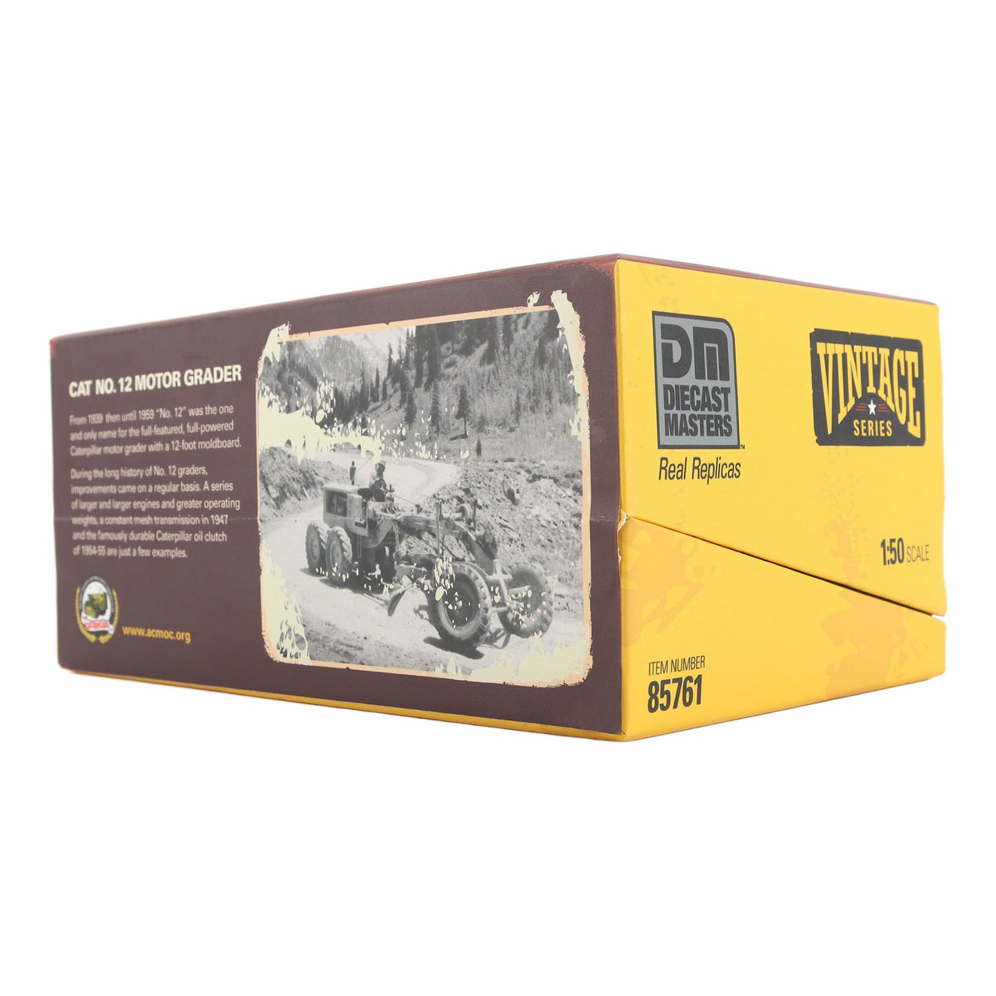 Flip Top Box Packaging with Wore Look Graphics, CAT Branding and Text Photographed on a White Background