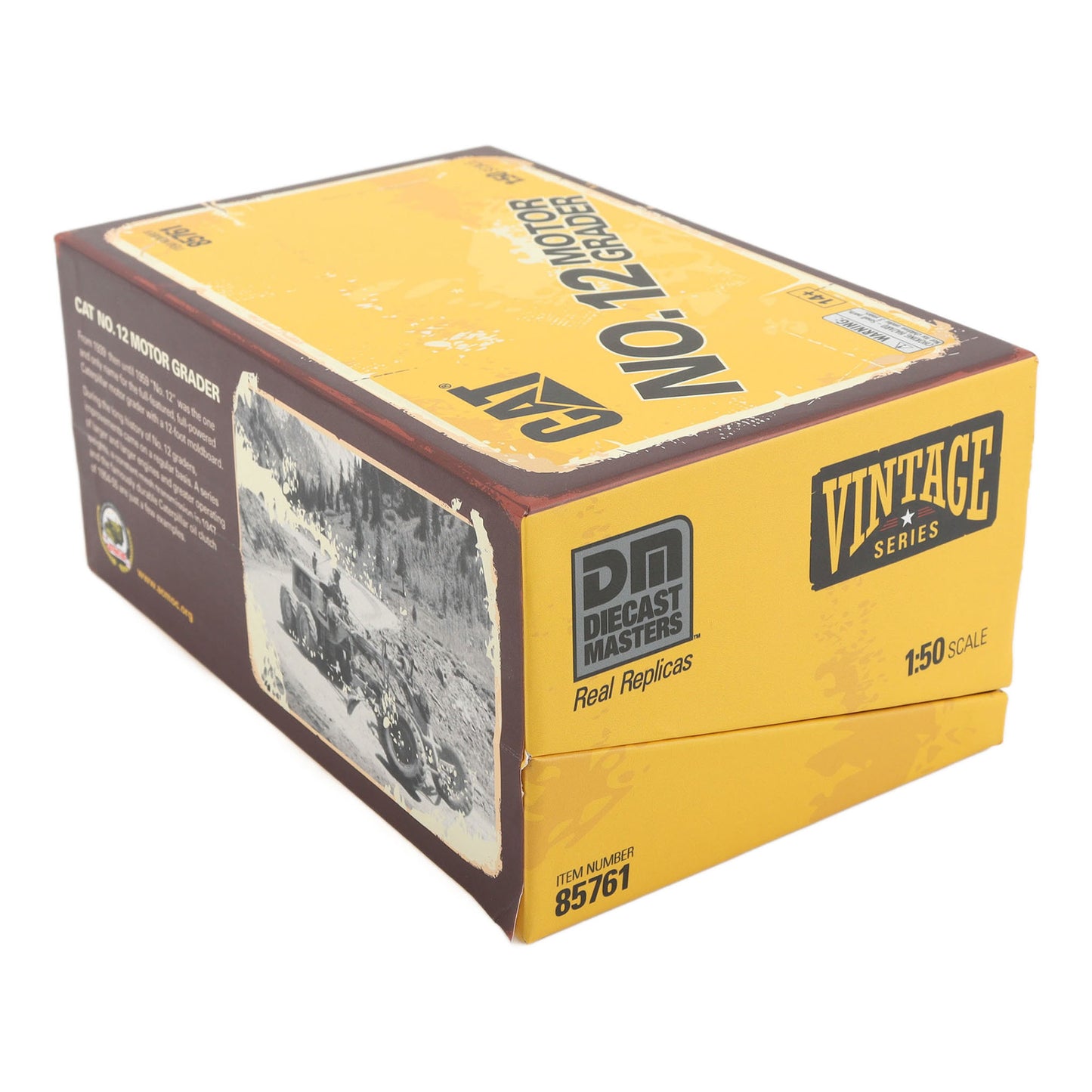 Flip Top Box Packaging with Wore Look Graphics, CAT Branding and Text Photographed on a White Background