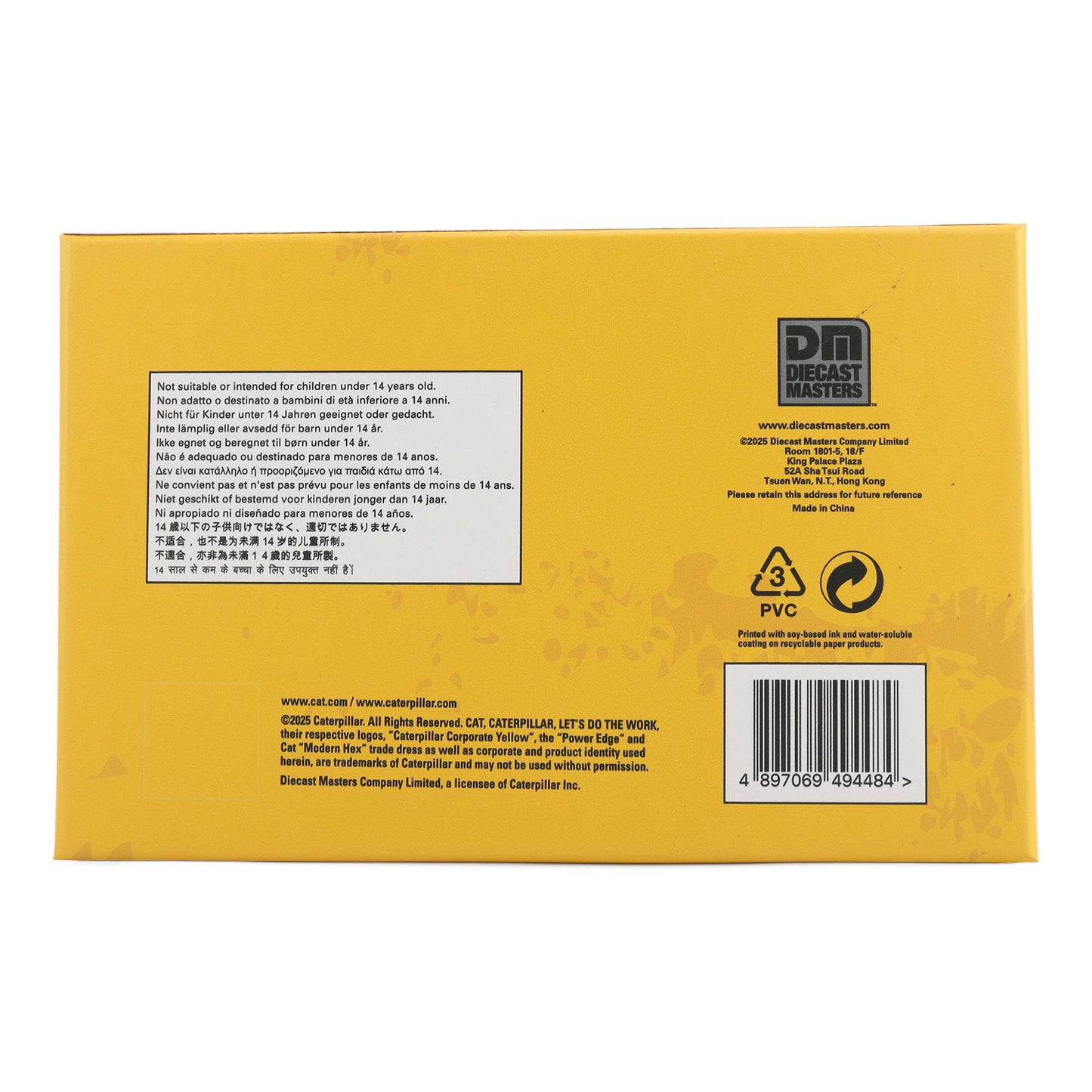 Flip Top Box Packaging with Wore Look Graphics, CAT Branding and Text Photographed on a White Background