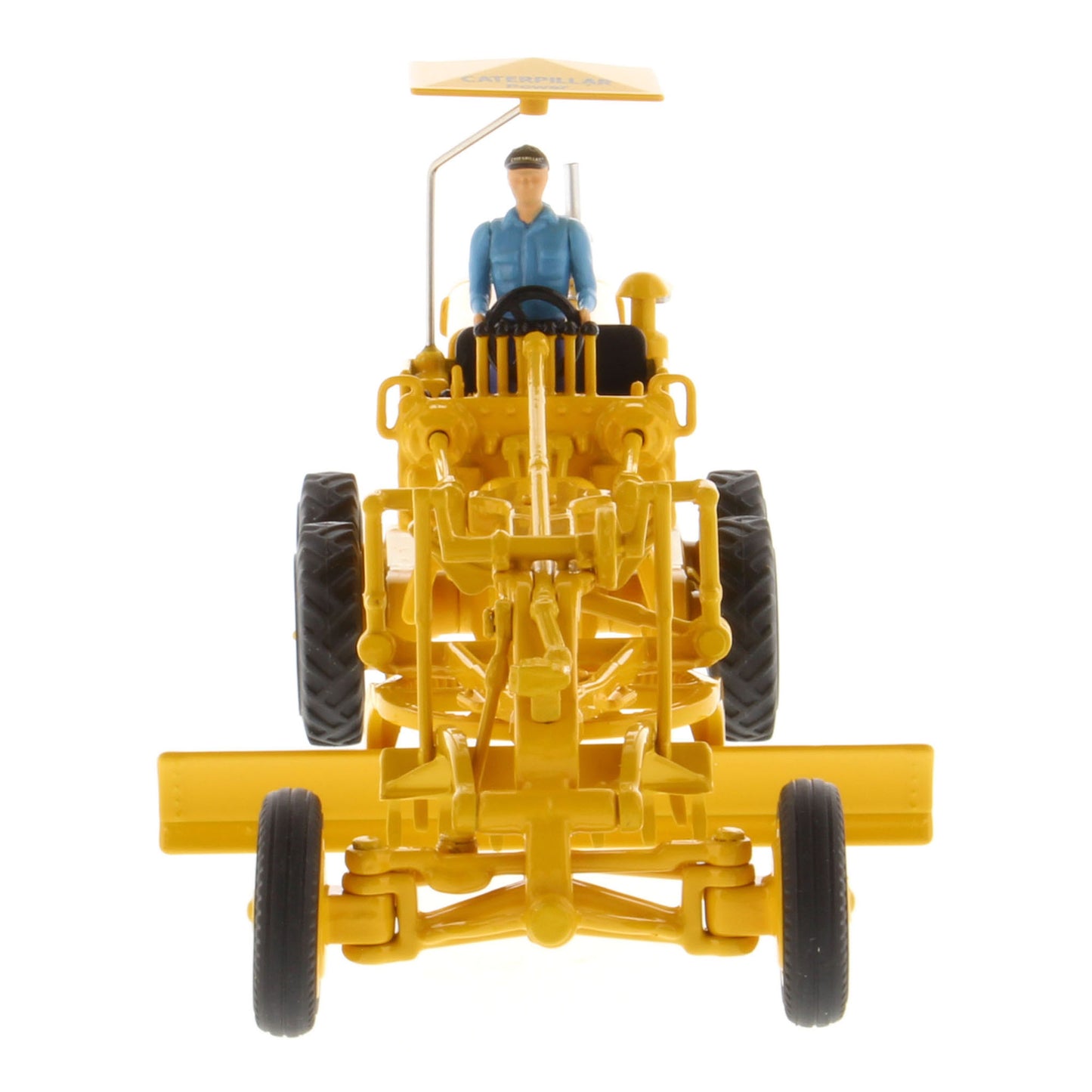 1:50th Scale CAT Yellow Diecast Model of a Caterpillar No. 12 Road Grader with Driver and Shade Umbrella Photographed on a White Background