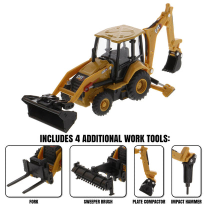 Toy backhoe loader with black and yellow colors on a white background