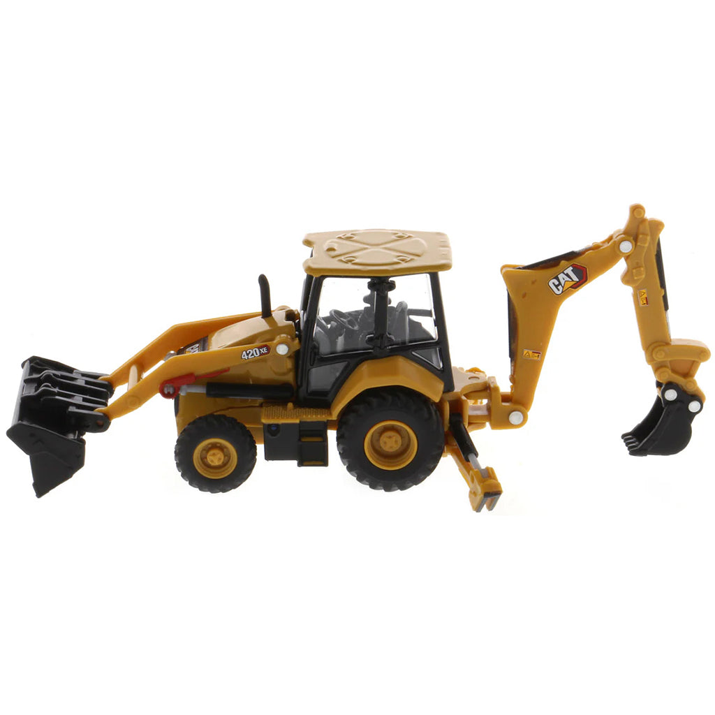 Toy backhoe loader with black and yellow colors on a white background