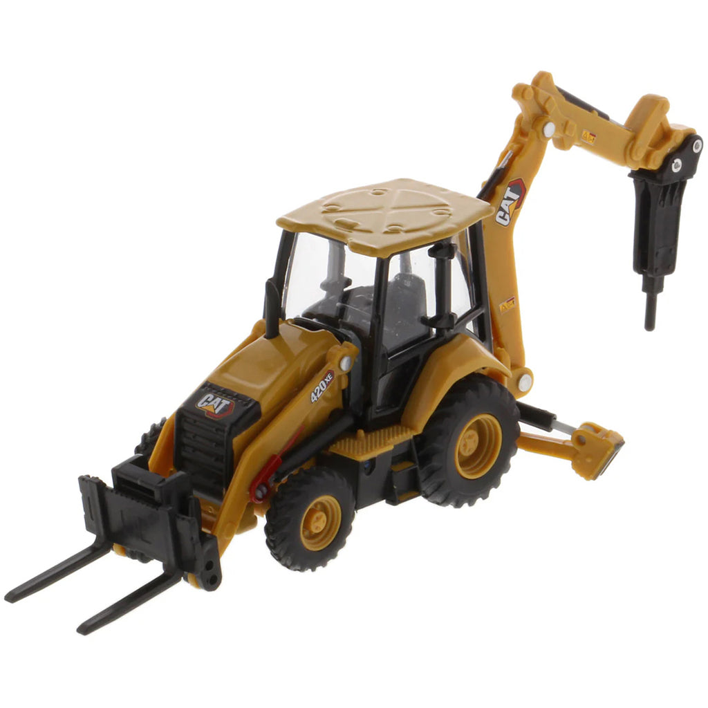 Toy backhoe loader with black and yellow colors on a white background