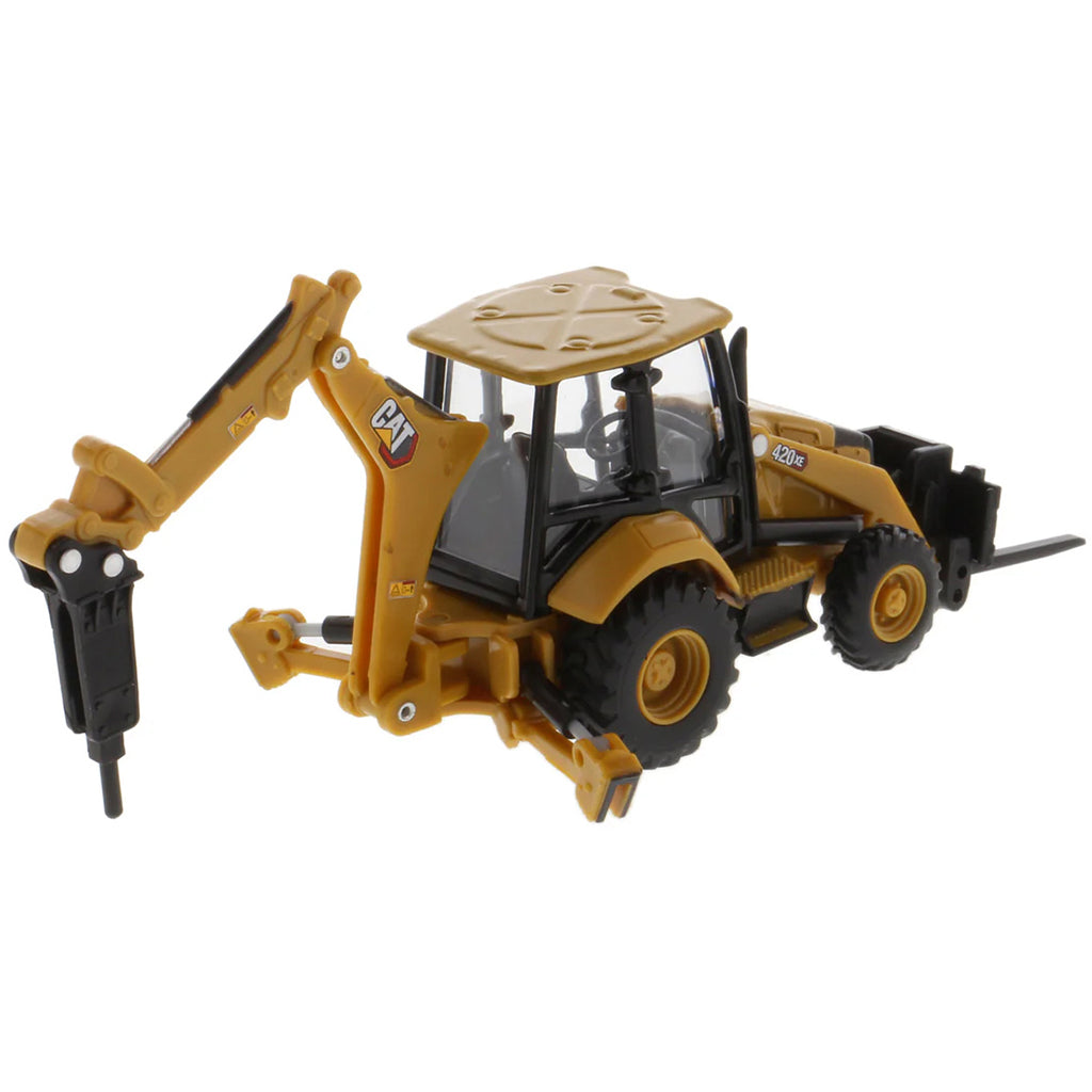 Toy backhoe loader with black and yellow colors on a white background