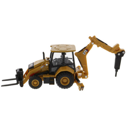 Toy backhoe loader with black and yellow colors on a white background