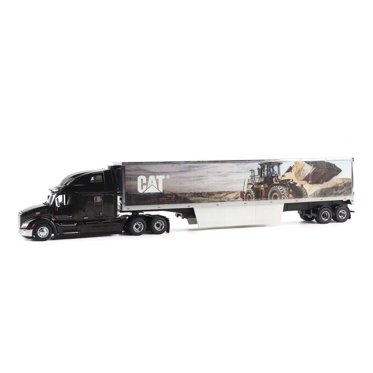 A diecast model of a black semi-truck towing a white trailer printed with a CAT construction graphic, shown against a plain white background.