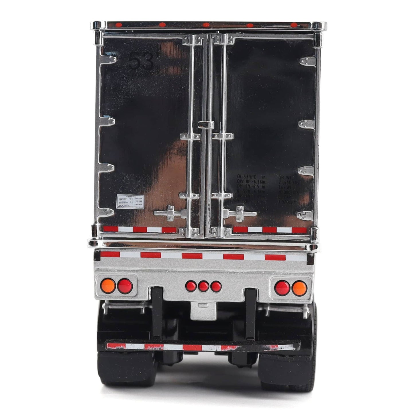 A miniature toy model of the back of a silver cargo truck with black doors and black tires, shown on a plain white background.
