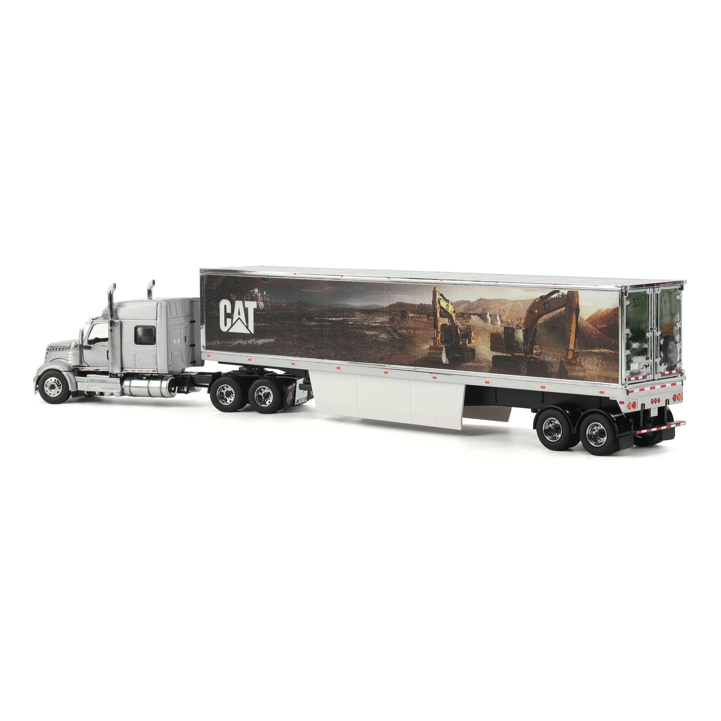 A die-cast model of a semi-truck pulling a long box trailer with a Caterpillar CAT graphic wrap, shown on a clean white background.