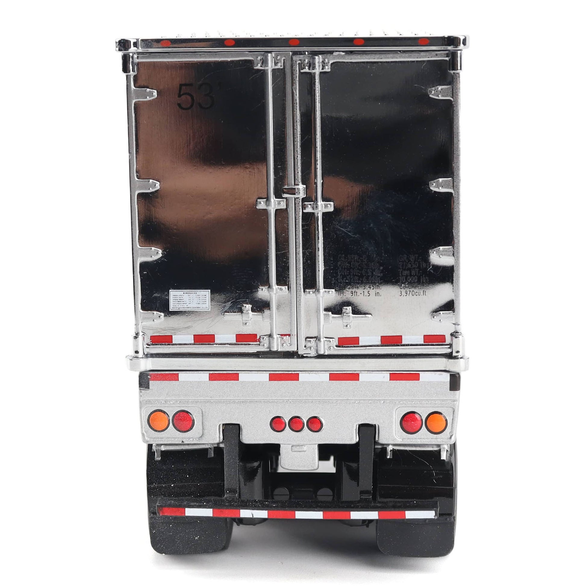 A miniature toy model of the back of a silver cargo truck, featuring detailed silver metal cargo doors with hinges, red and white reflective striping, and circular red and orange taillights, shown on a plain white background.