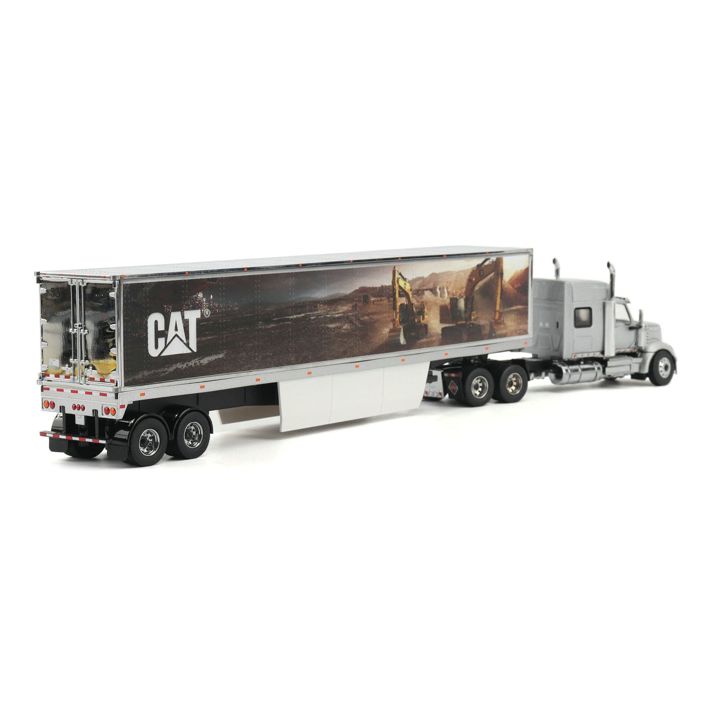 A die-cast model of a silver semi-truck with a long white box trailer featuring a large CAT construction graphic, shown on a white background.