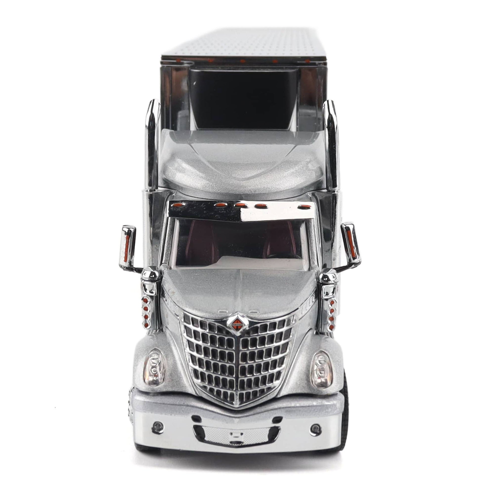 A metallic silver toy semi-truck with a detailed chrome grille and realistic mirrors, photographed from the front against a plain white background.