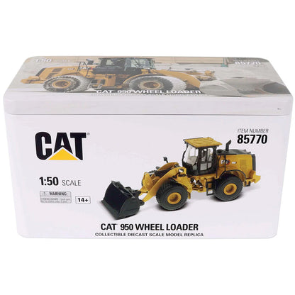 Box packaging of a CAT 950 Wheel Loader model toy with branding and specifications.