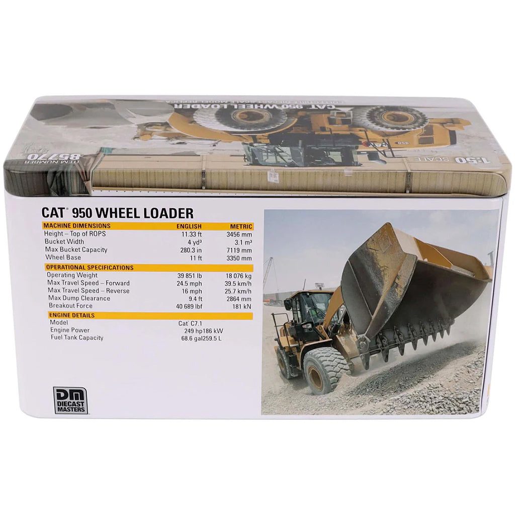 Box packaging of a CAT 950 Wheel Loader with specifications and images on a white background