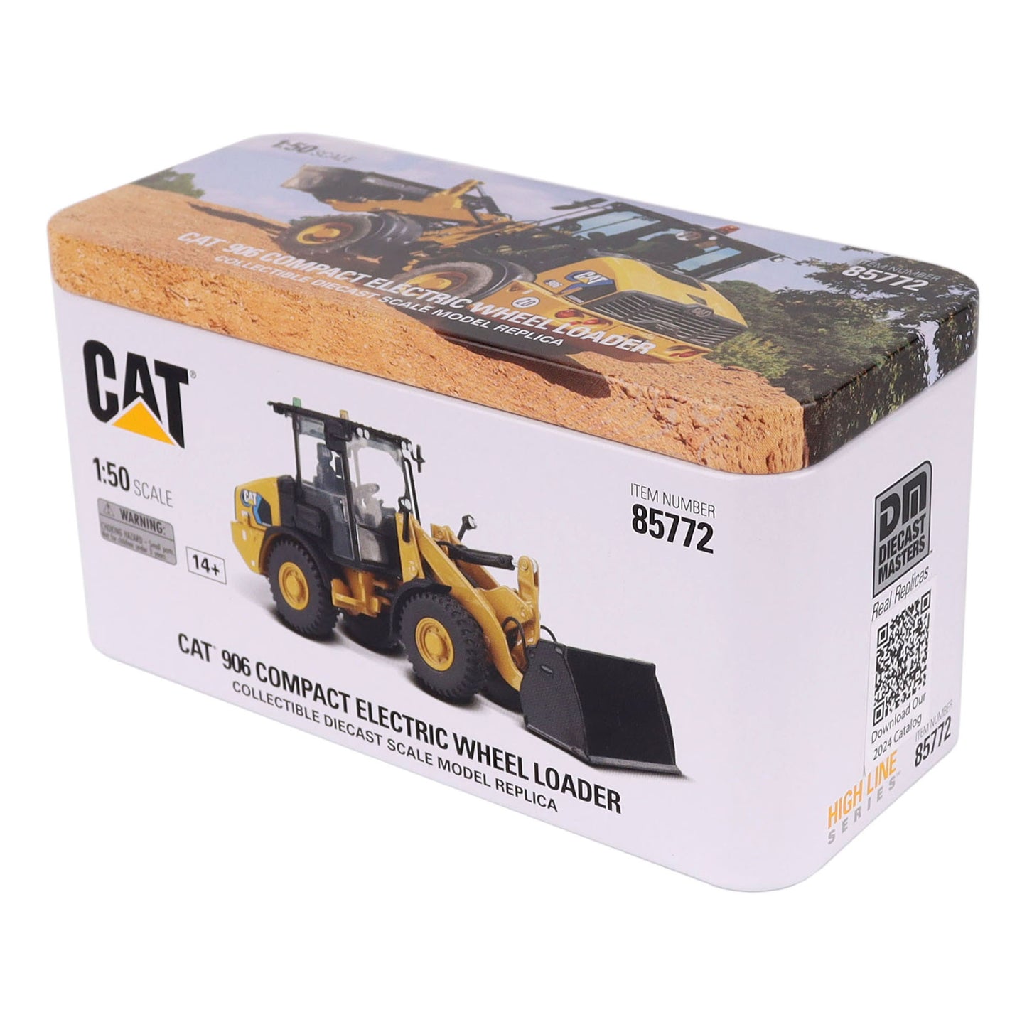 A rectangular metal tin box for a CAT 906 Compact Electric Wheel Loader, featuring printed graphics of yellow construction equipment and technical specifications on a white background.