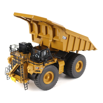 1:50 Scale Diecast Model of a Cat Yellow Caterpillar 789 Mining Truck on a White Background