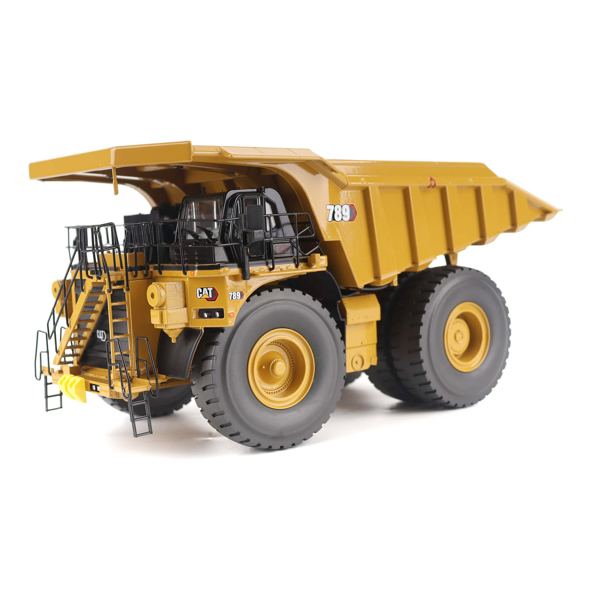 1:50 Scale Diecast Model of a Cat Yellow Caterpillar 789 Mining Truck on a White Background