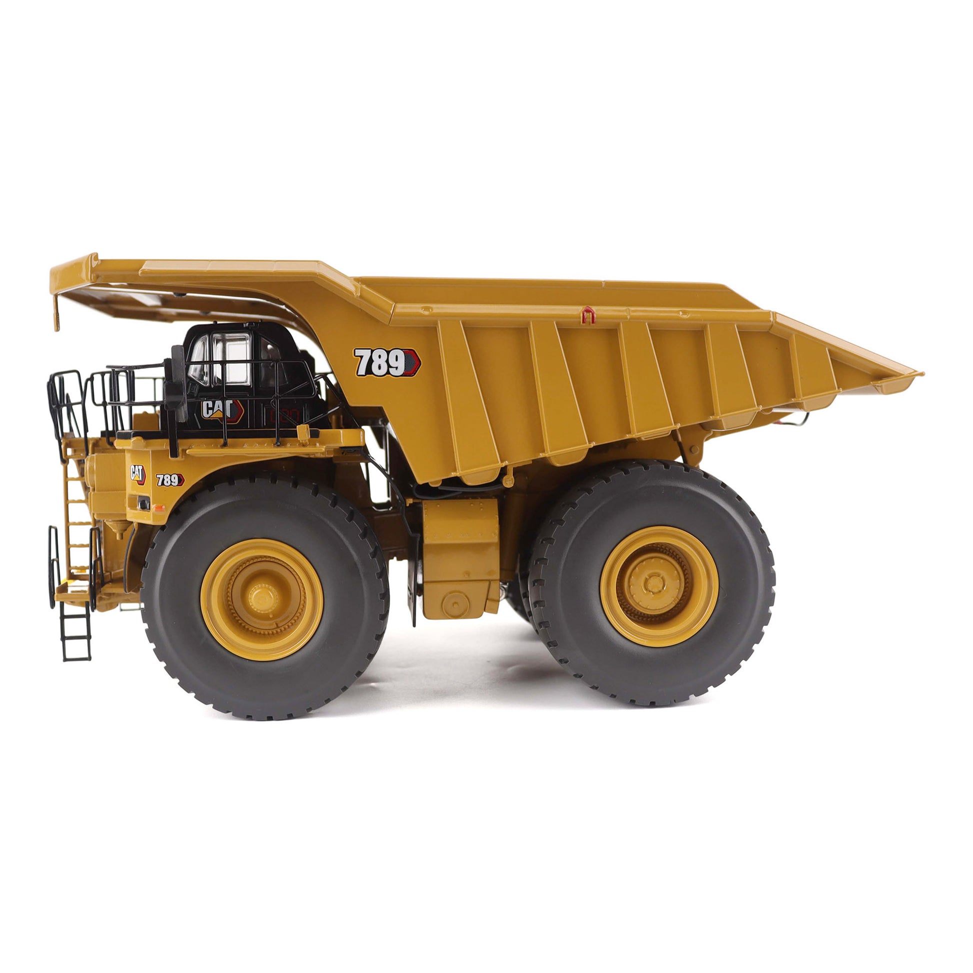 1:50 Scale Diecast Model of a Cat Yellow Caterpillar 789 Mining Truck on a White Background