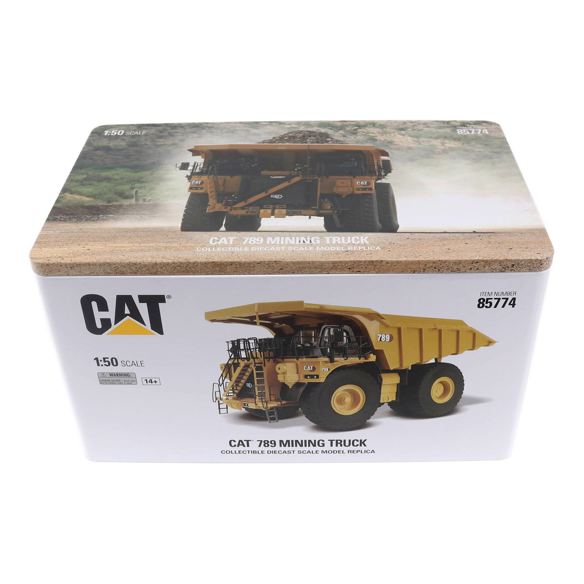 Box packaging of a CAT 789 mining truck model on a white background