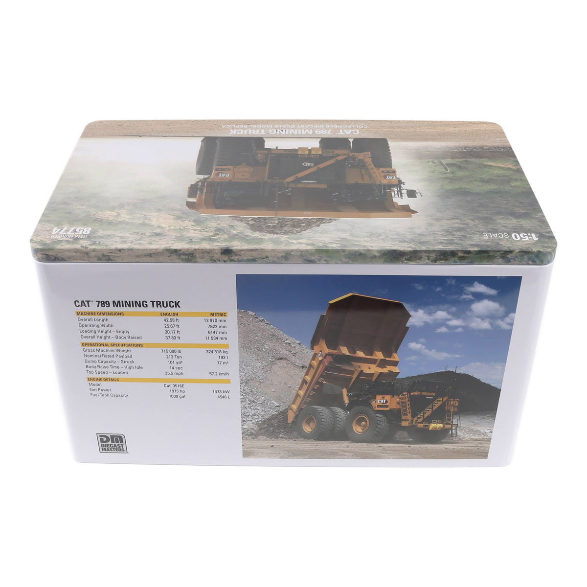 Box packaging for a CAT 798 Mining Truck model on a white background