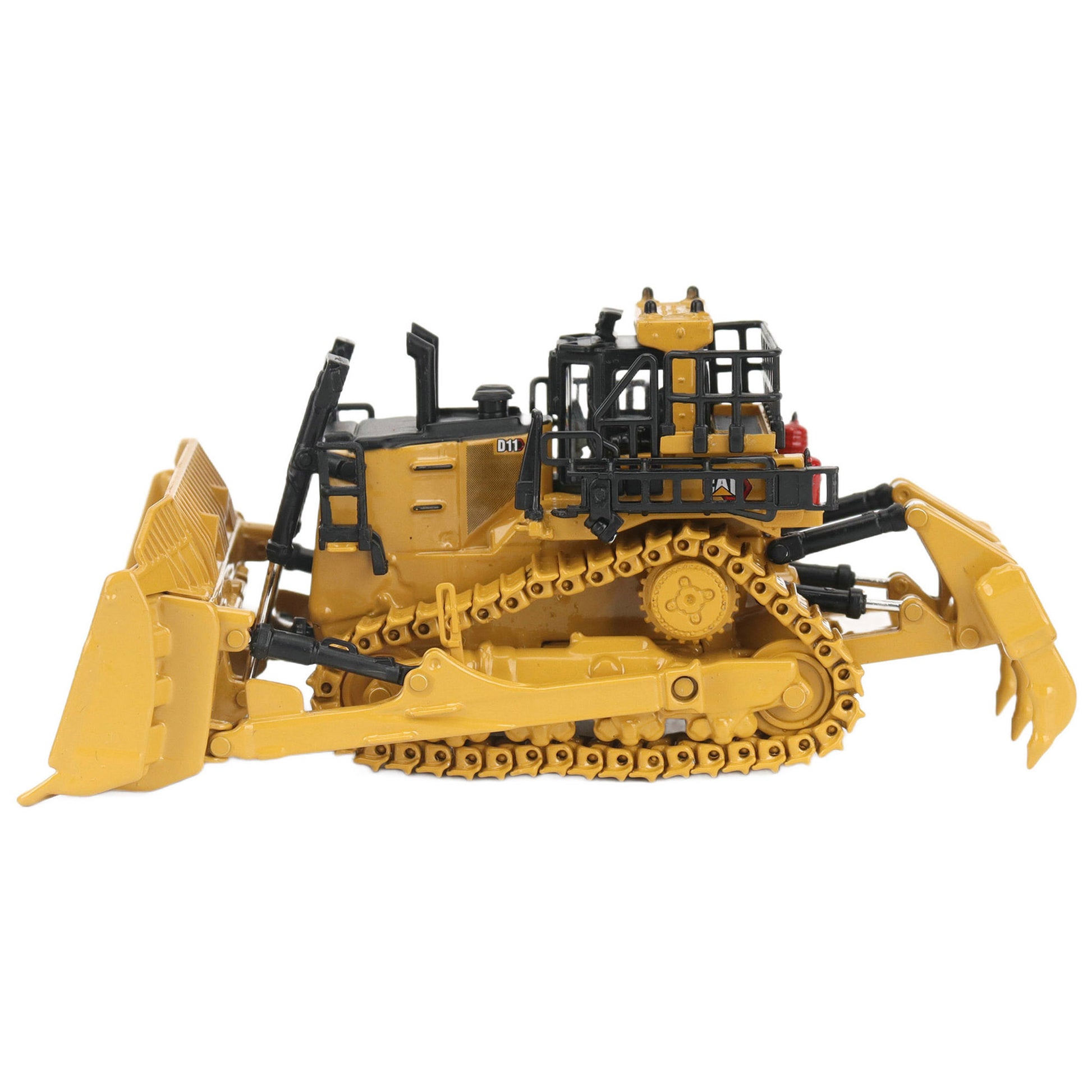 1:87th Scale Diecast Model of a Caterpillar D11 Dozer with Rear Ripper on a White Background
