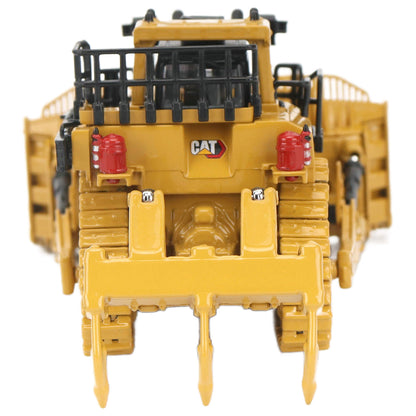 1:87th Scale Diecast Model of a Caterpillar D11 Dozer with Rear Ripper on a White Background