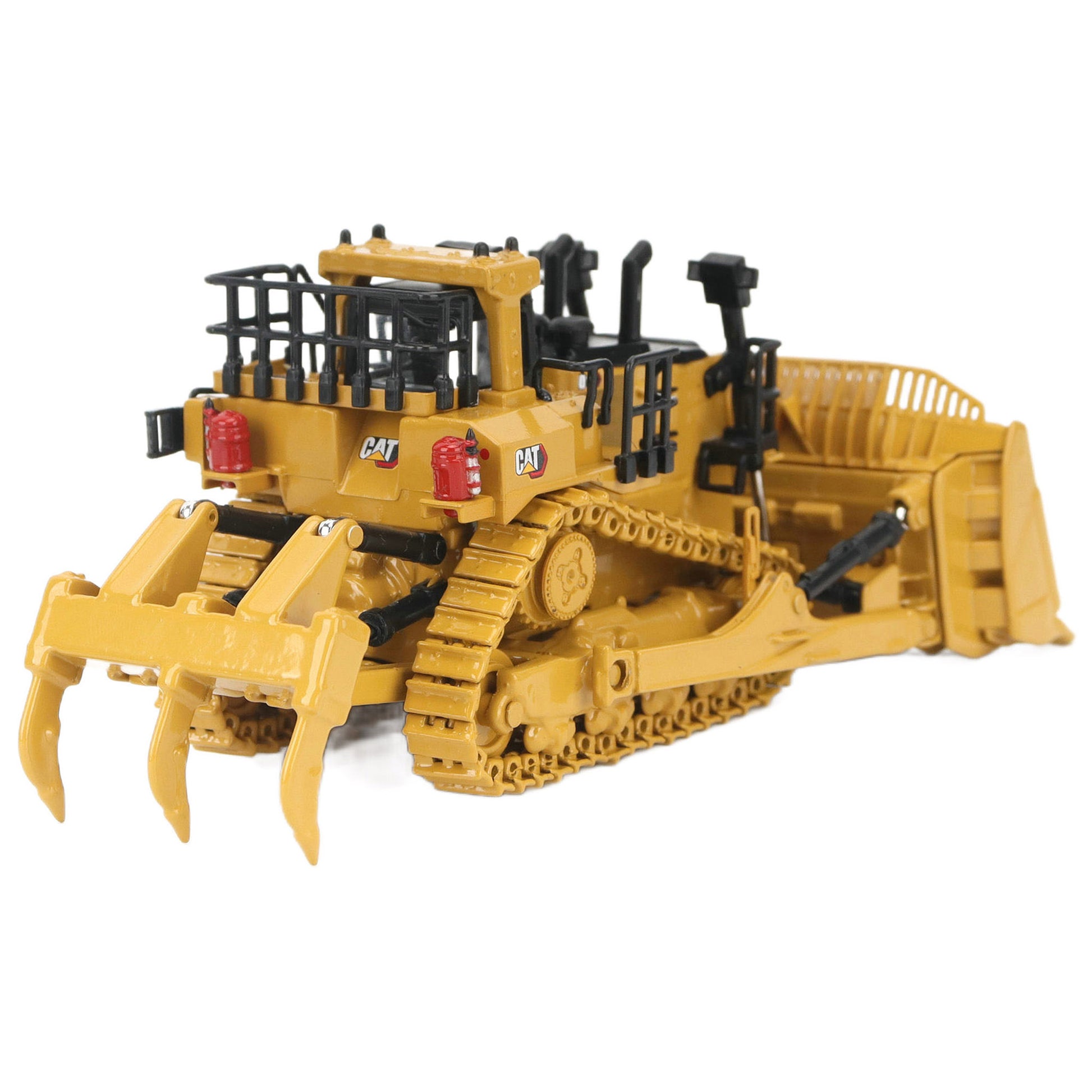1:87th Scale Diecast Model of a Caterpillar D11 Dozer with Rear Ripper on a White Background