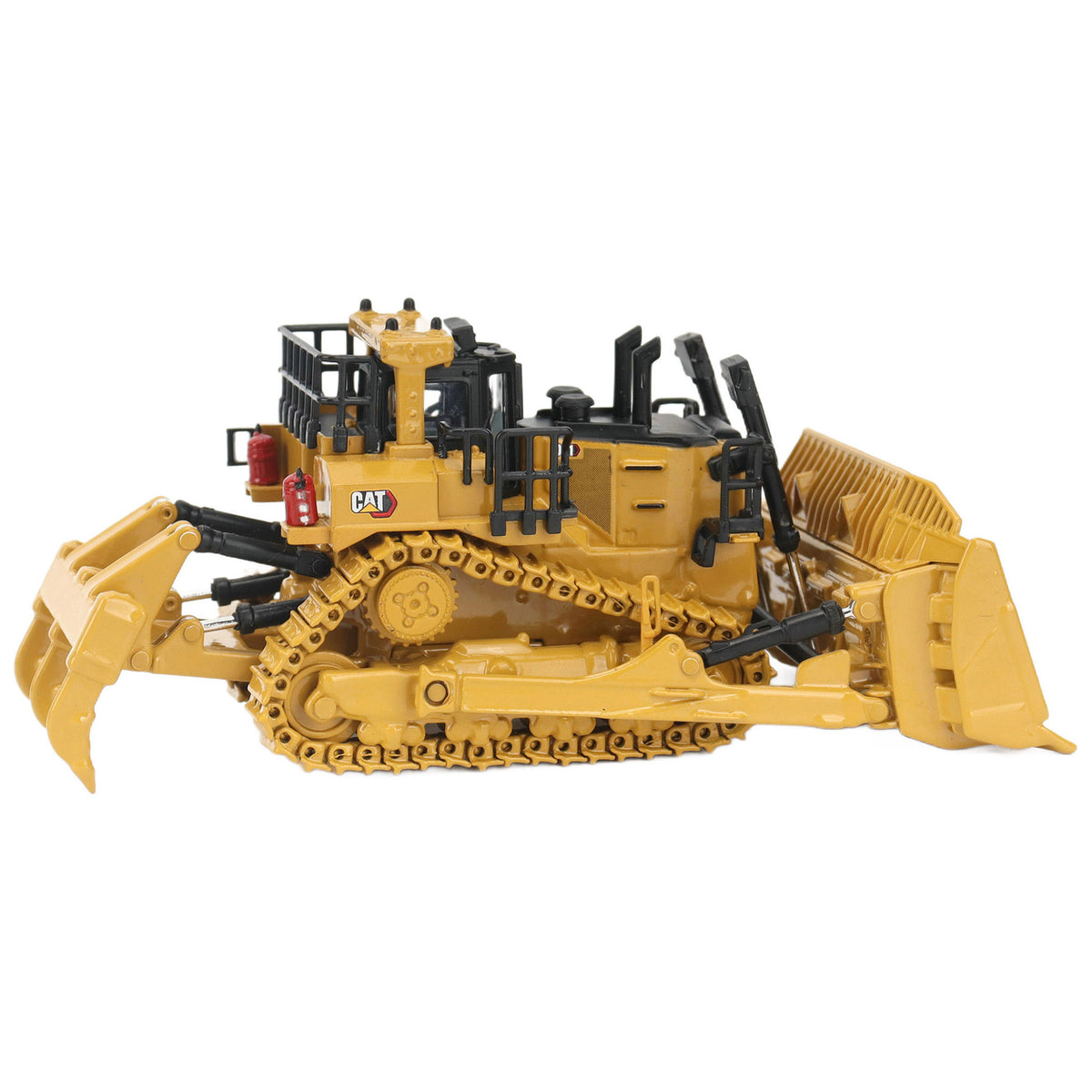 1:87th Scale Diecast Model of a Caterpillar D11 Dozer with Rear Ripper on a White Background