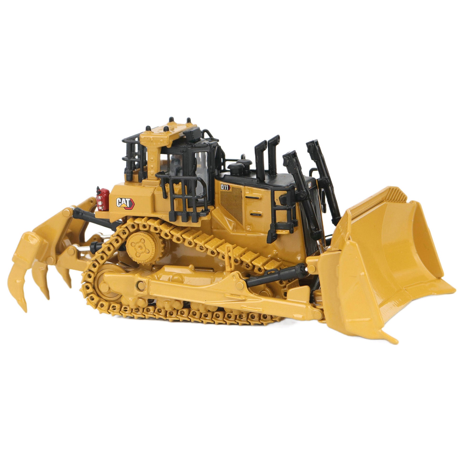 1:87th Scale Diecast Model of a Caterpillar D11 Dozer with Rear Ripper on a White Background