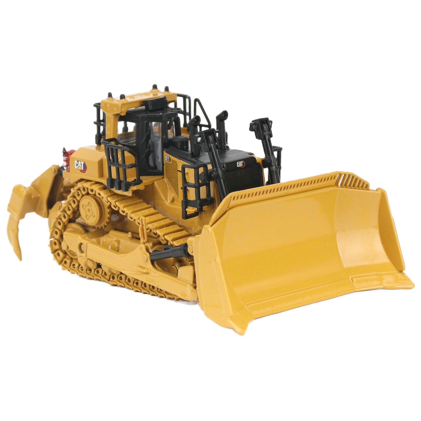1:87th Scale Diecast Model of a Caterpillar D11 Dozer with Rear Ripper on a White Background