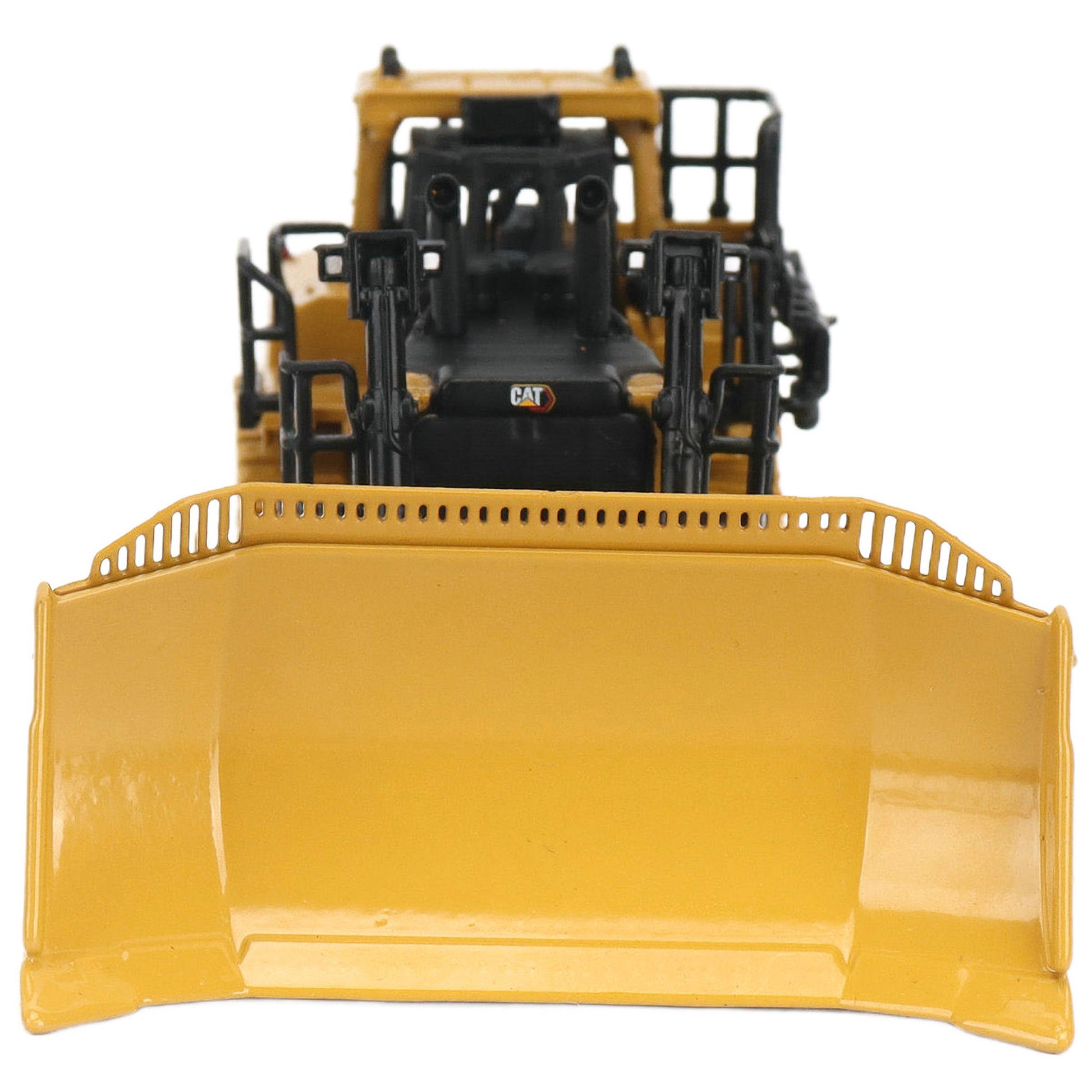 1:87th Scale Diecast Model of a Caterpillar D11 Dozer with Rear Ripper on a White Background