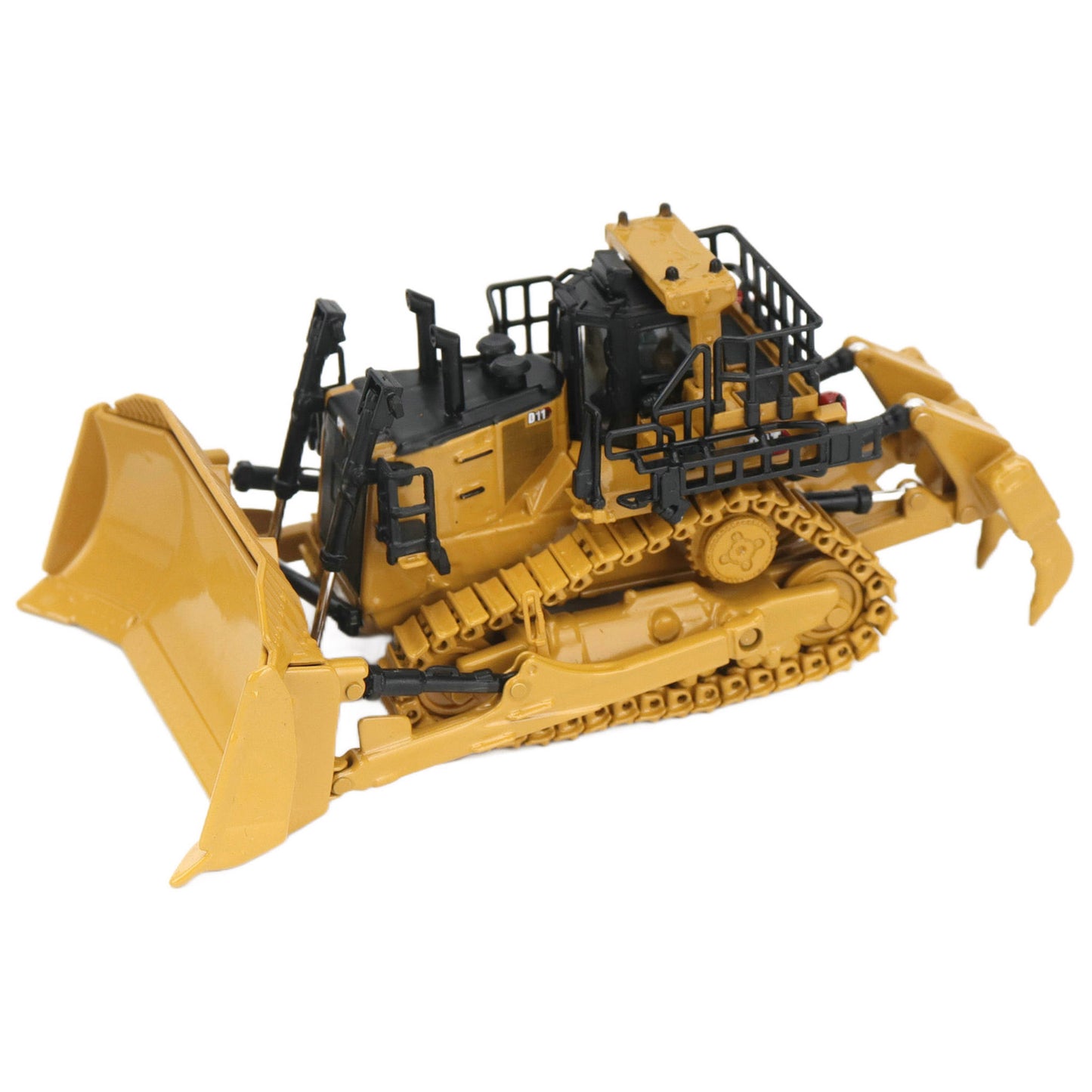 1:87th Scale Diecast Model of a Caterpillar D11 Dozer with Rear Ripper on a White Background
