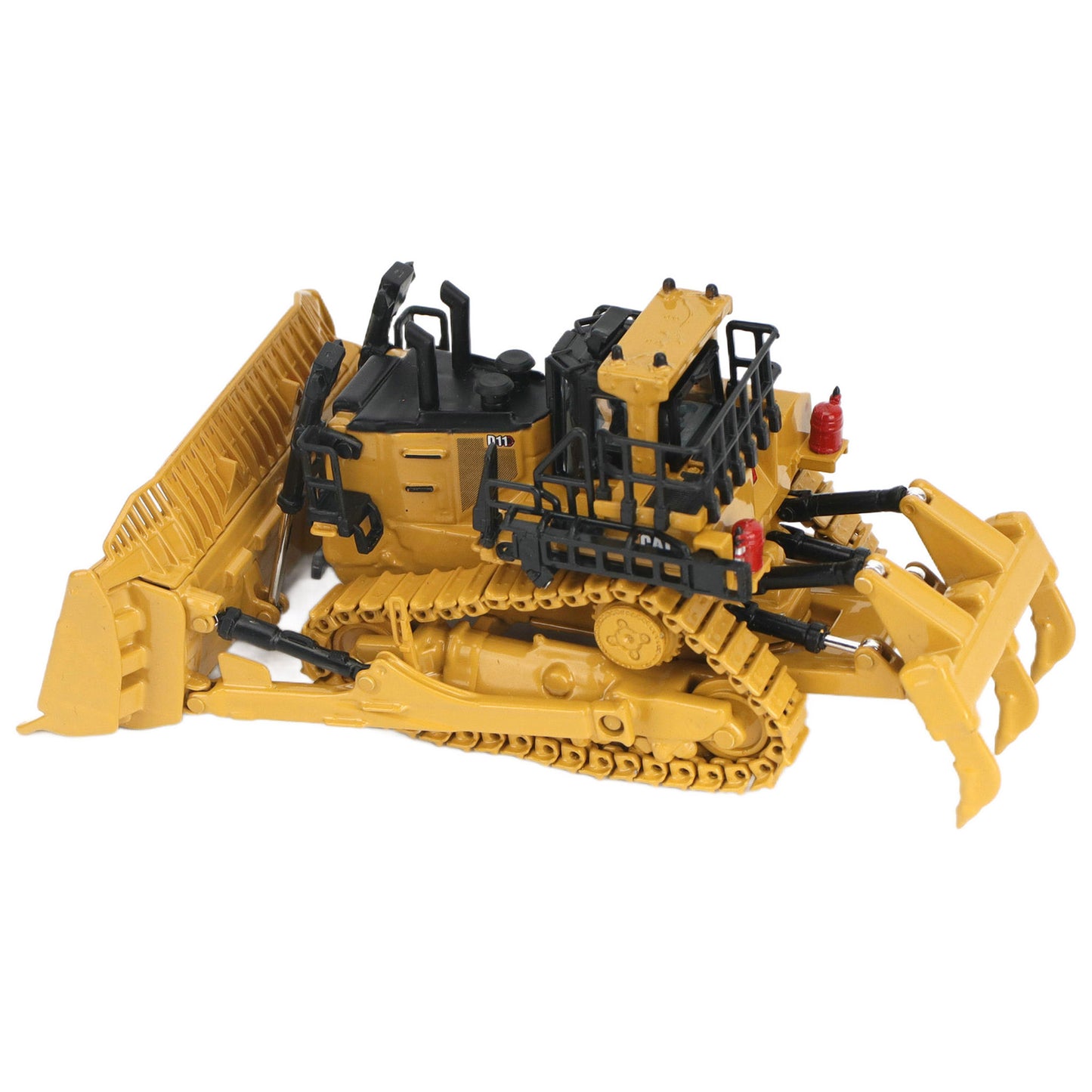 1:87th Scale Diecast Model of a Caterpillar D11 Dozer with Rear Ripper on a White Background