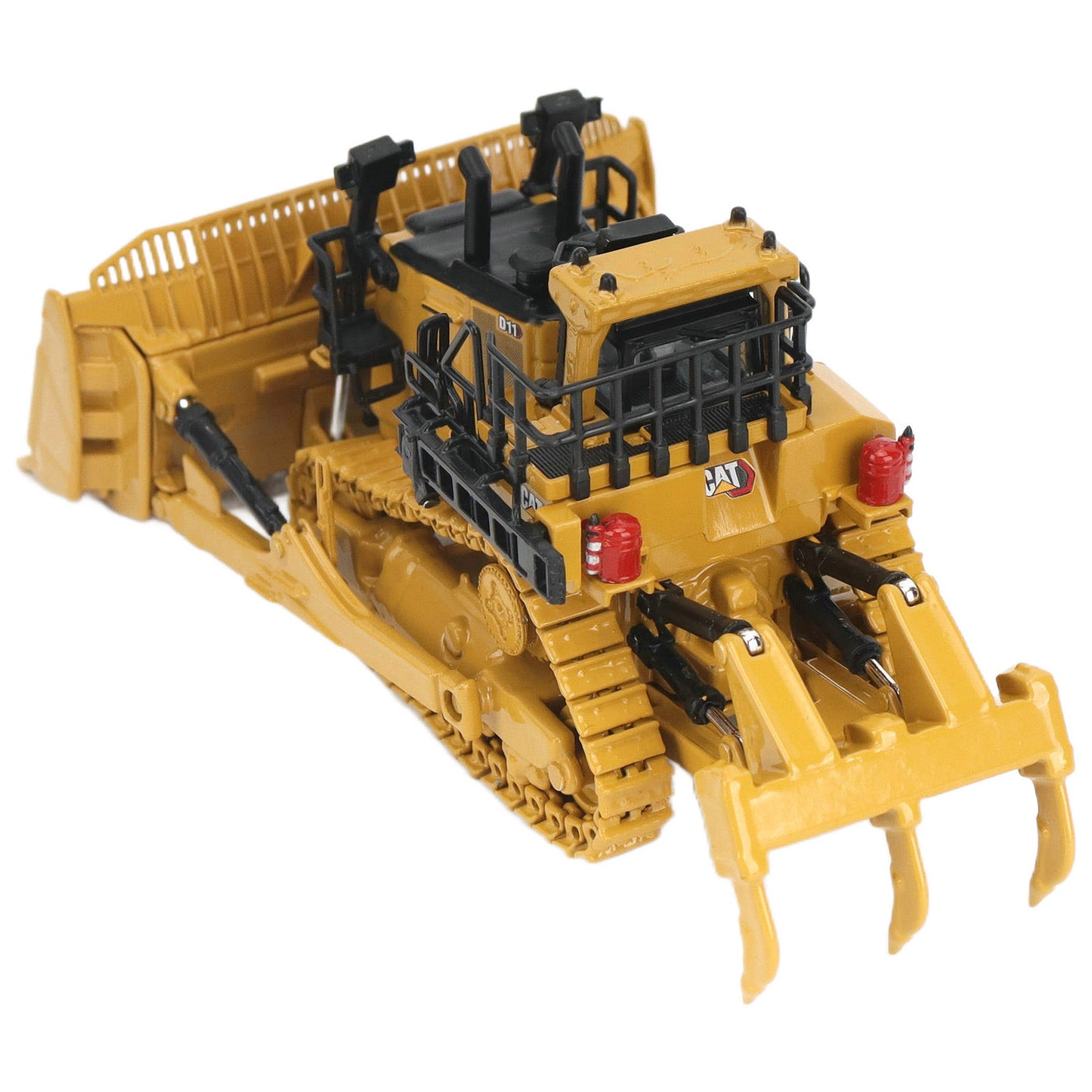 1:87th Scale Diecast Model of a Caterpillar D11 Dozer with Rear Ripper on a White Background