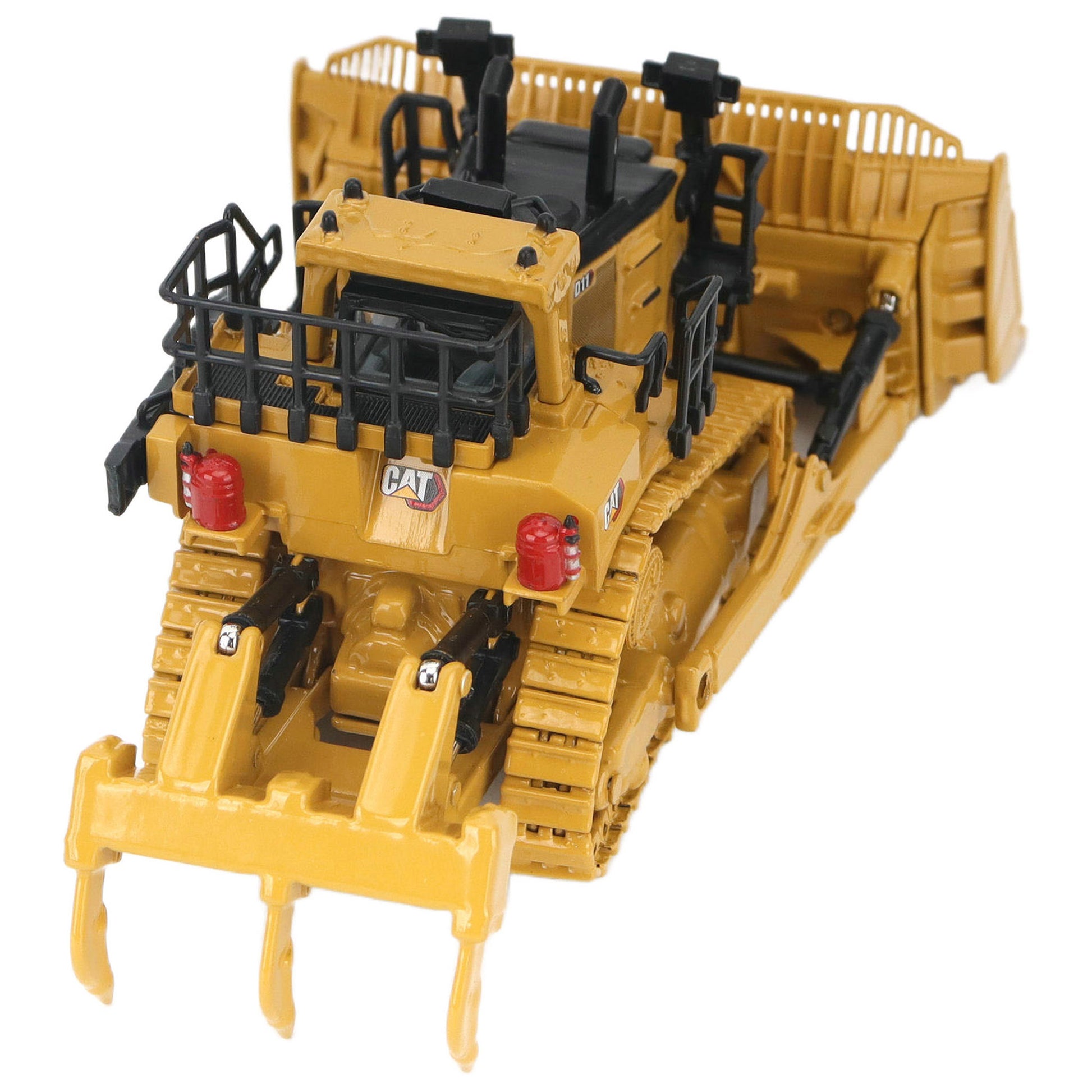 1:87th Scale Diecast Model of a Caterpillar D11 Dozer with Rear Ripper on a White Background