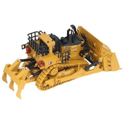 1:87th Scale Diecast Model of a Caterpillar D11 Dozer with Rear Ripper on a White Background