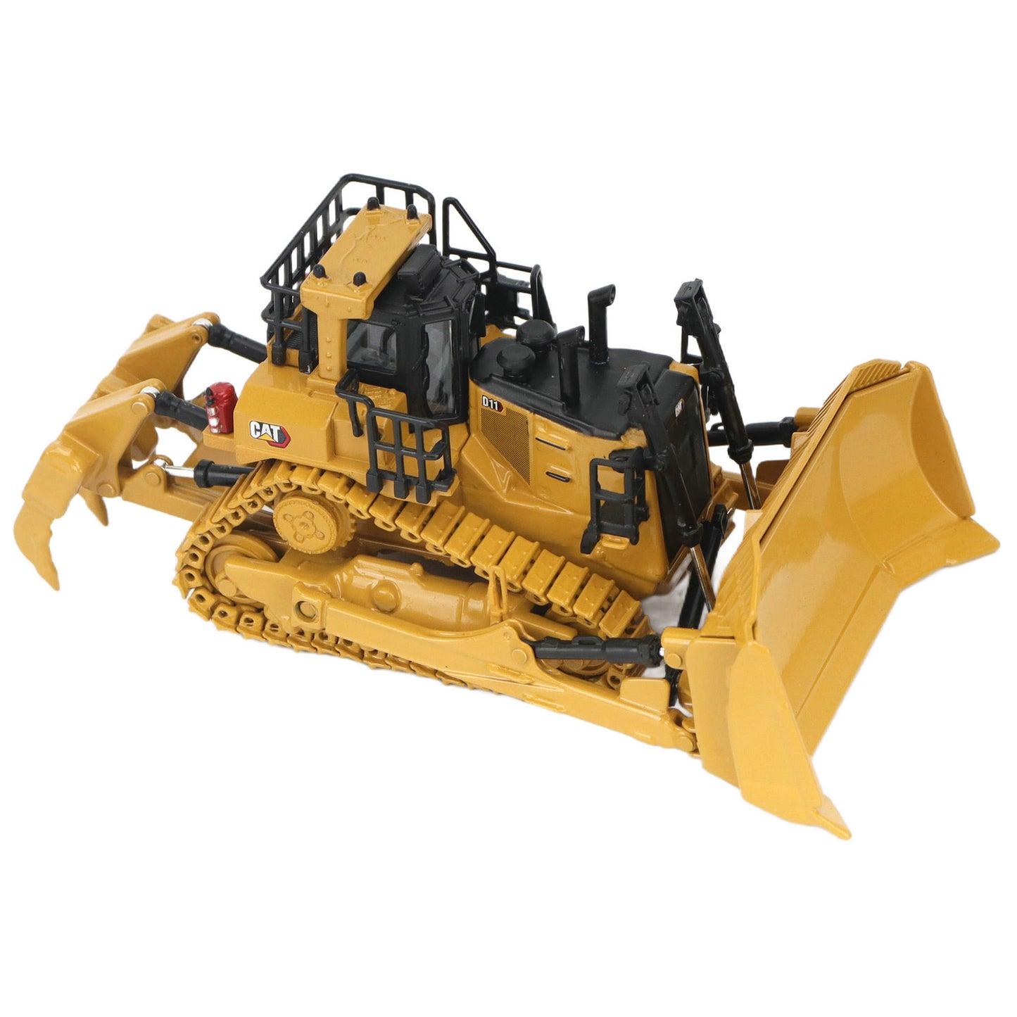 1:87th Scale Diecast Model of a Caterpillar D11 Dozer with Rear Ripper on a White Background