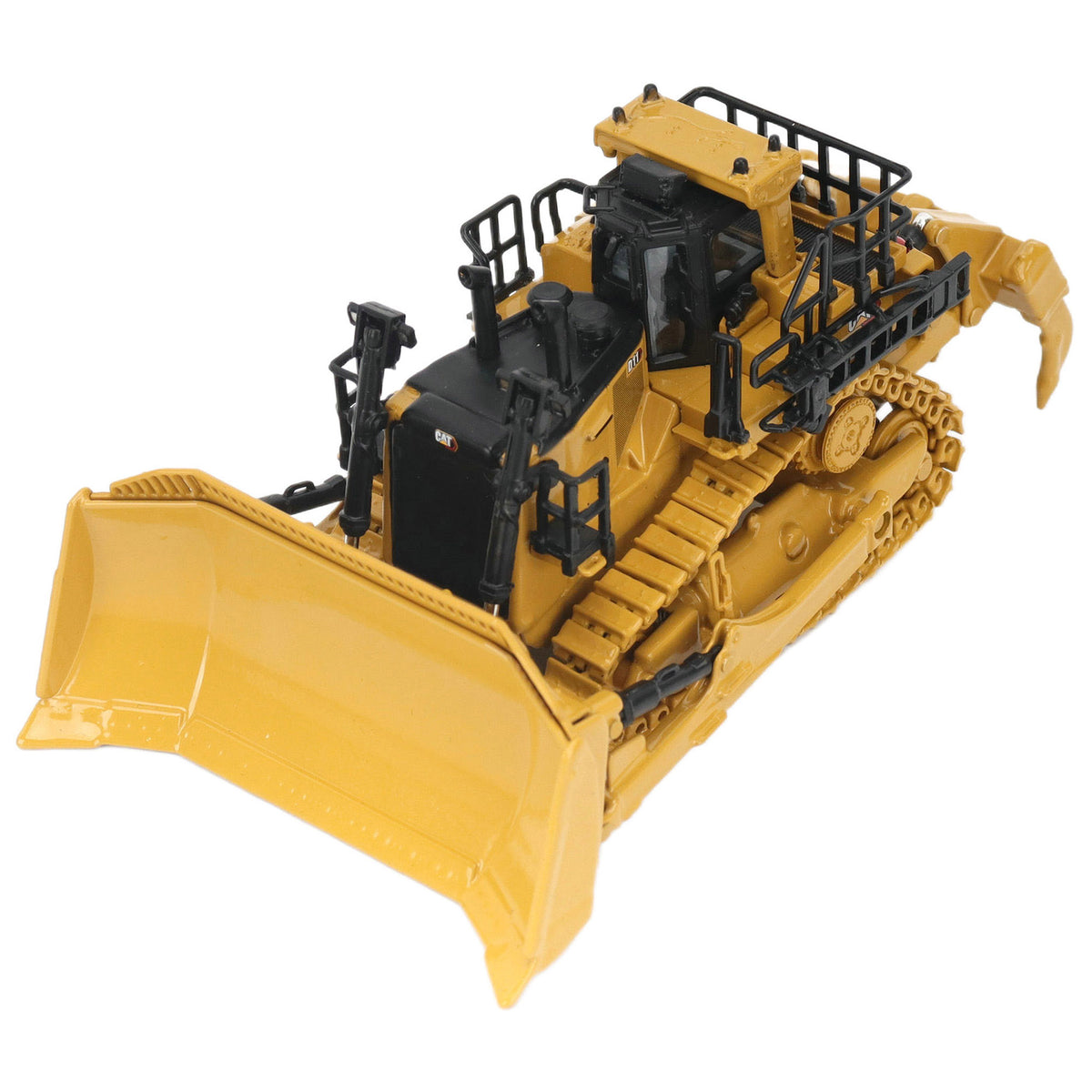 1:87th Scale Diecast Model of a Caterpillar D11 Dozer with Rear Ripper on a White Background