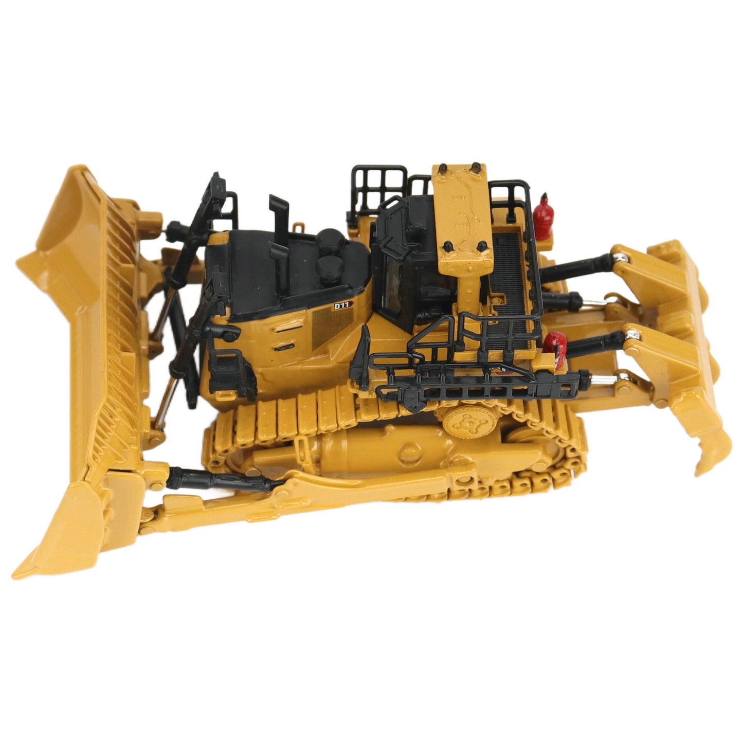 1:87th Scale Diecast Model of a Caterpillar D11 Dozer with Rear Ripper on a White Background