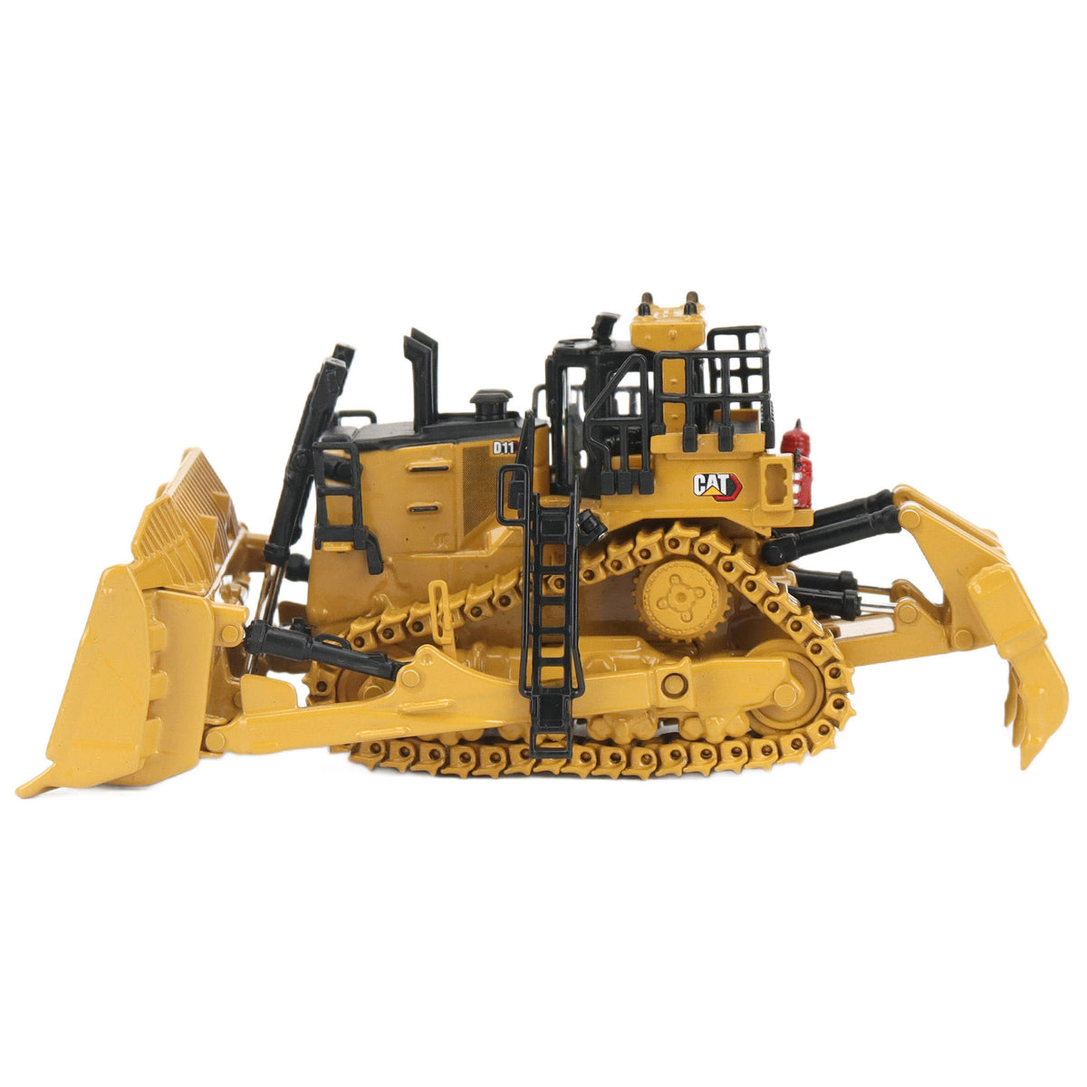 1:87th Scale Diecast Model of a Caterpillar D11 Dozer with Rear Ripper on a White Background