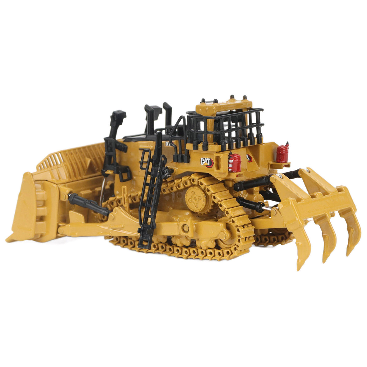 1:87th Scale Diecast Model of a Caterpillar D11 Dozer with Rear Ripper on a White Background