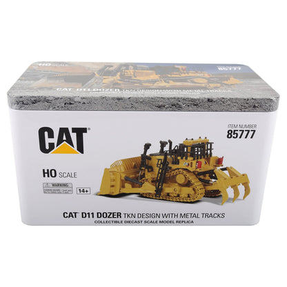 CAT D11 Dozer HO scale collectible diecast model replaceable metal track vehicle in its original white and gray packaging box.