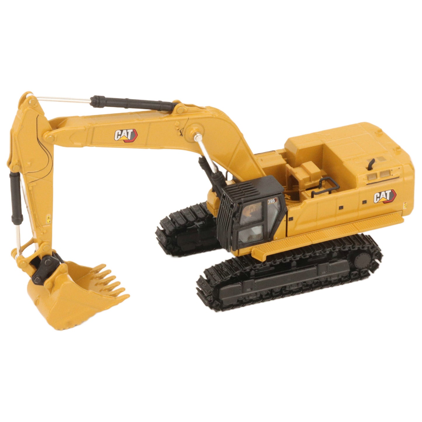 A yellow CAT model 395 excavator with black tracks and a yellow bucket, photographed on a clean white background.