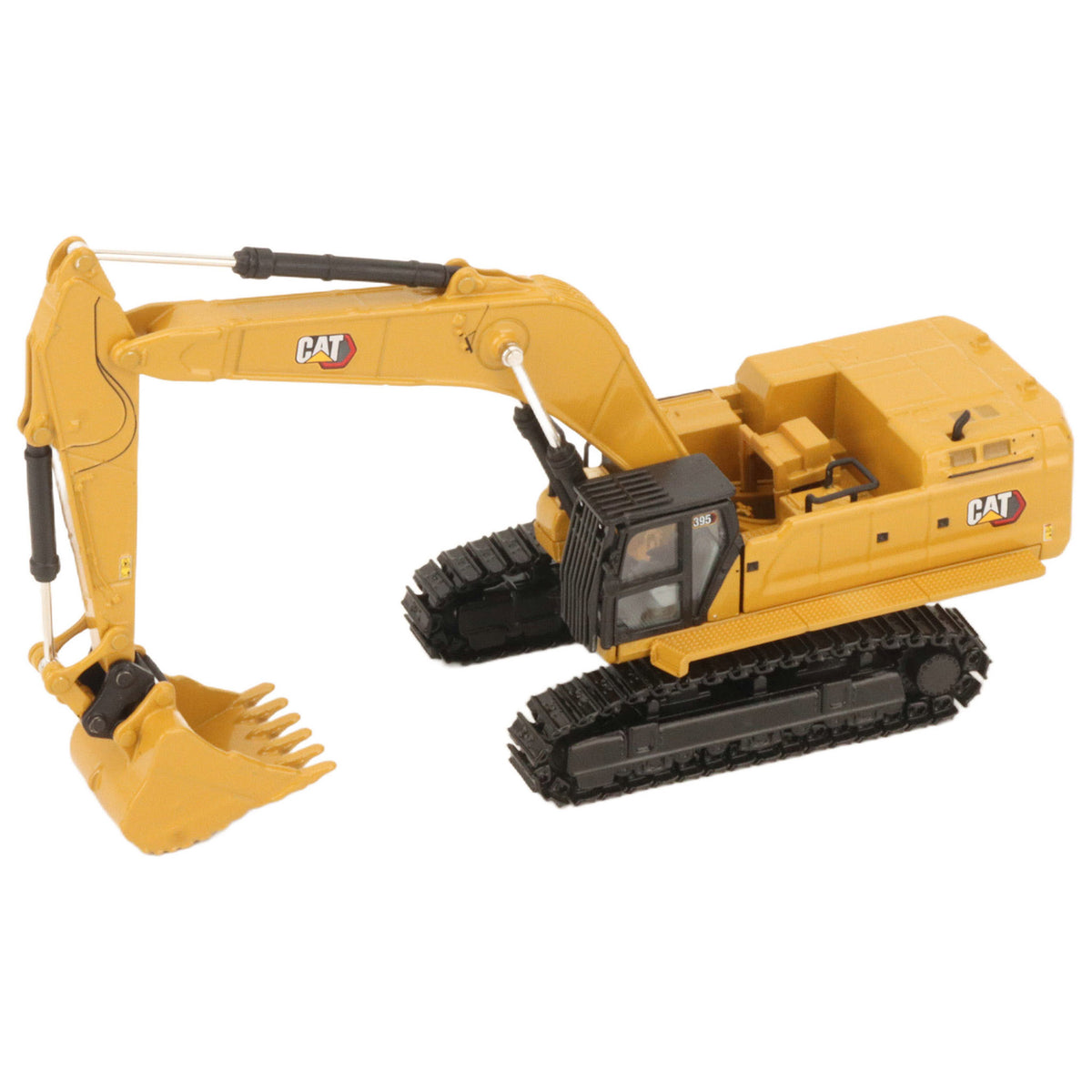A yellow CAT model 395 excavator with black tracks and a yellow bucket, photographed on a clean white background.
