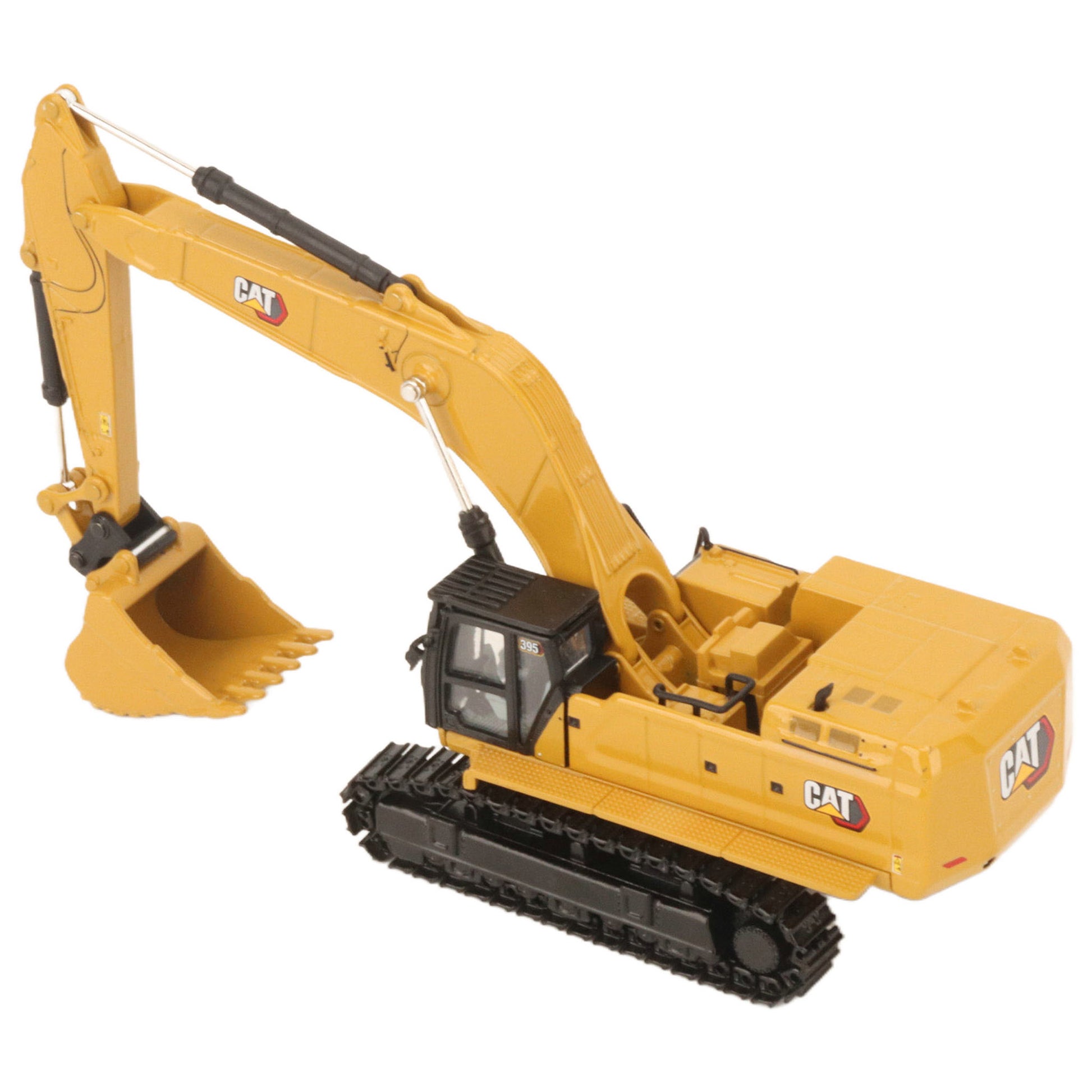 A yellow CAT model 395 excavator with black tracks and a yellow bucket, photographed on a clean white background.