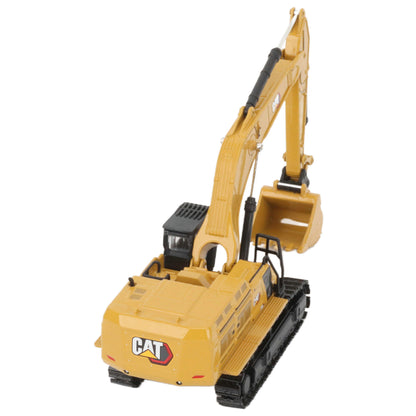 A yellow CAT model 395 excavator with black tracks and a yellow bucket, photographed on a clean white background.