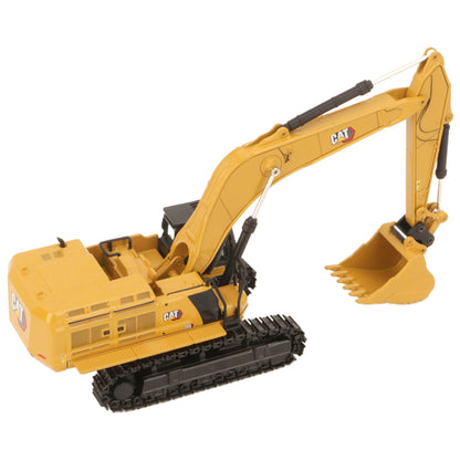 A yellow CAT model 395 excavator with black tracks and a yellow bucket, photographed on a clean white background.