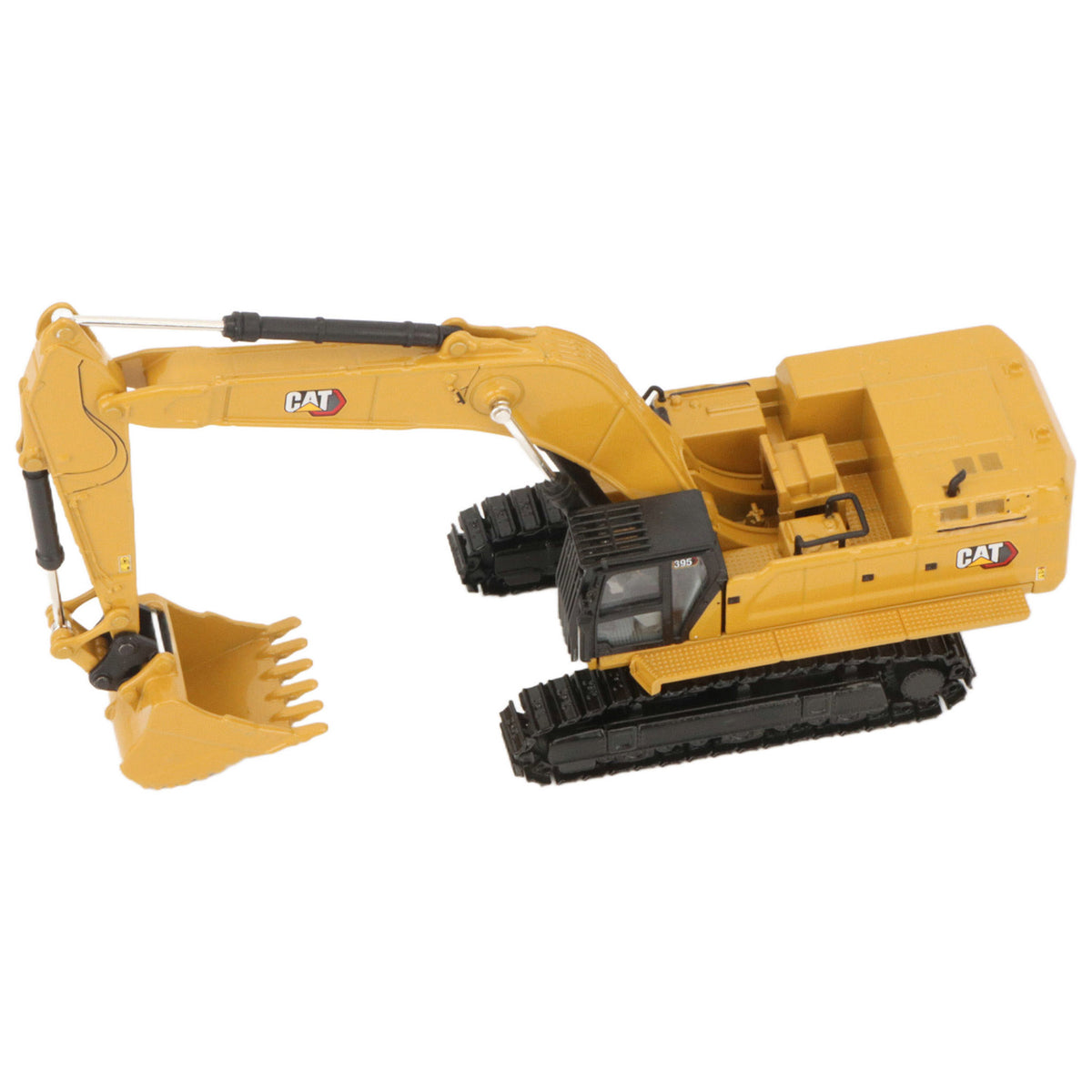 A yellow CAT model 395 excavator with black tracks and a yellow bucket, photographed on a clean white background.