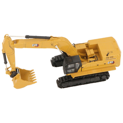 A yellow CAT model 395 excavator with black tracks and a yellow bucket, photographed on a clean white background.